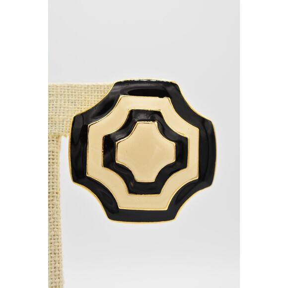 Fernando Vintage Clip Earrings Black White Enamel Gold Chunky FO Signed 80s Bin8 - Picture 7 of 12